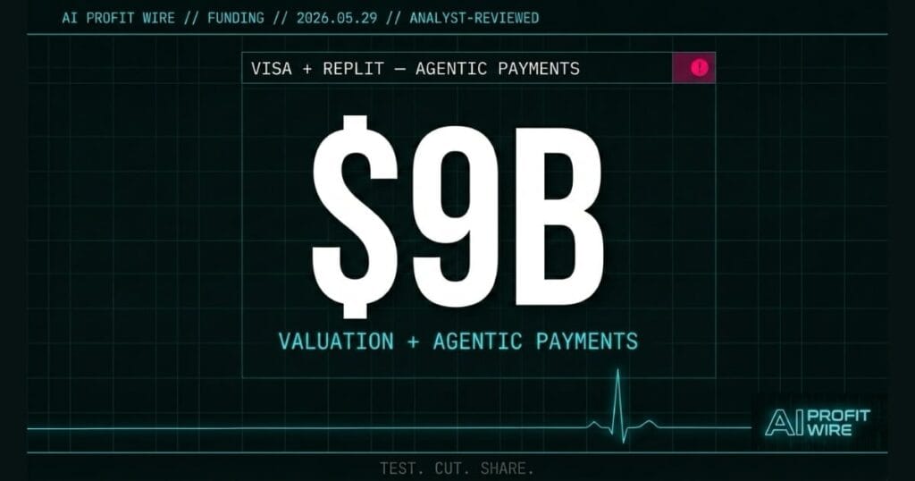 Visa Replit agentic payments funding signal card from The AI Profit Wire showing $9B valuation and agentic payments in cyber-noir design