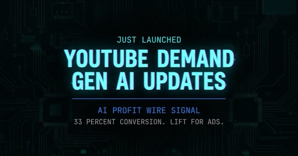 YouTube Demand Gen AI updates breaking signal card from The AI Profit Wire showing 33 percent conversion lift in cyber-noir design
