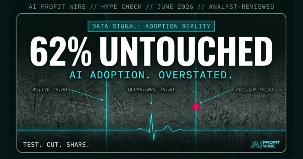AI adoption reality hype check signal, The AI Profit Wire, 62% desktop non-adoption data cyber-noir design