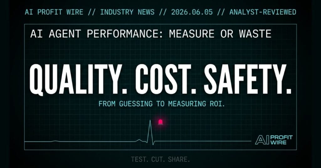 AI agent performance metrics framework industry news signal card from The AI Profit Wire showing quality cost safety measurement in cyber-noir design