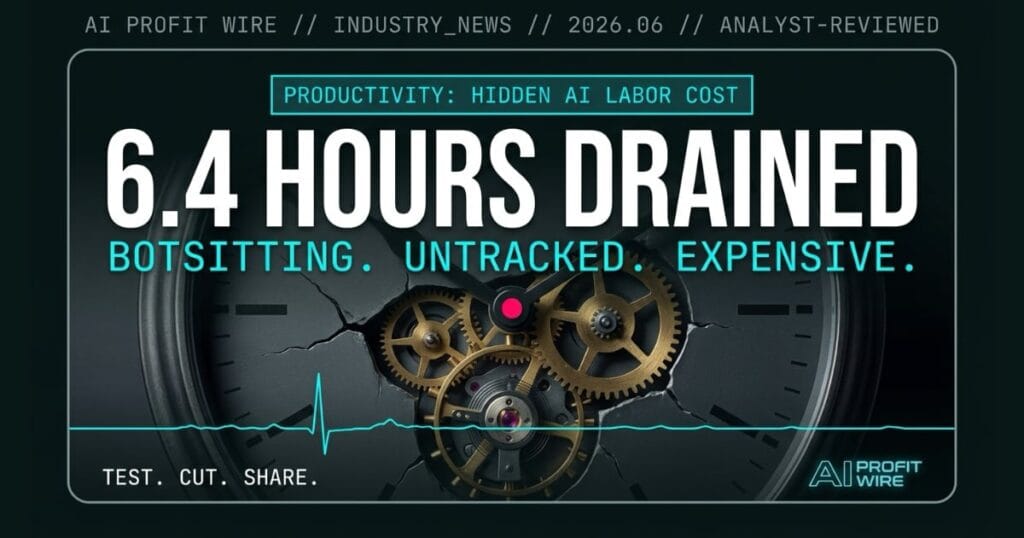 Beast Bold editorial cover for AI Profit Wire showing a heavy industrial timing mechanism as a metaphor for consumed time, with white headline 6.4 HOURS DRAINED and cyan subtitle on deep teal-black, featuring image for the AI botsitting hidden labor cost signal.