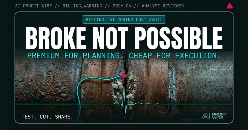 Beast Bold editorial cover for AI Profit Wire showing a corroded high-pressure pipe coupling weeping at a split seam as a metaphor for unchecked AI billing, with white headline BROKE NOT POSSIBLE and cyan subtitle on deep teal-black, featuring image for the AI coding cost structure billing warning signal.