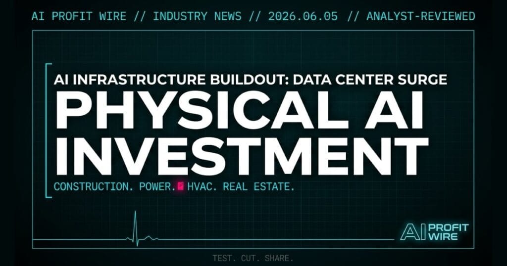AI infrastructure buildout industry news signal card from The AI Profit Wire showing data center construction surge in cyber-noir design