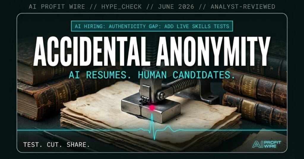 AI job applications hype_check signal card from The AI Profit Wire showing LLM-generated resumes and the need for live skills verification in cyber-noir design