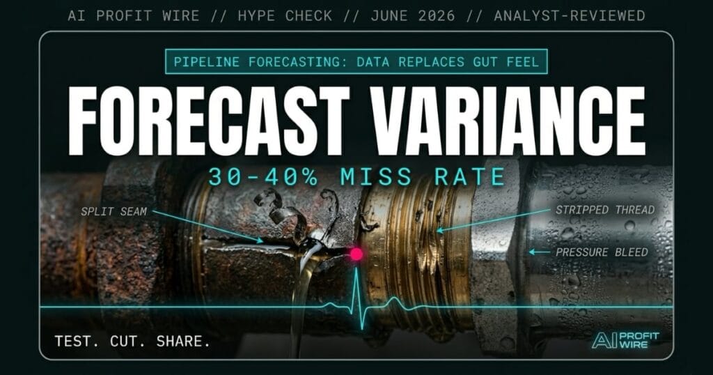 AI pipeline reviews hype check signal card from The AI Profit Wire, 30-40% forecast variance costs in cyber-noir editorial design