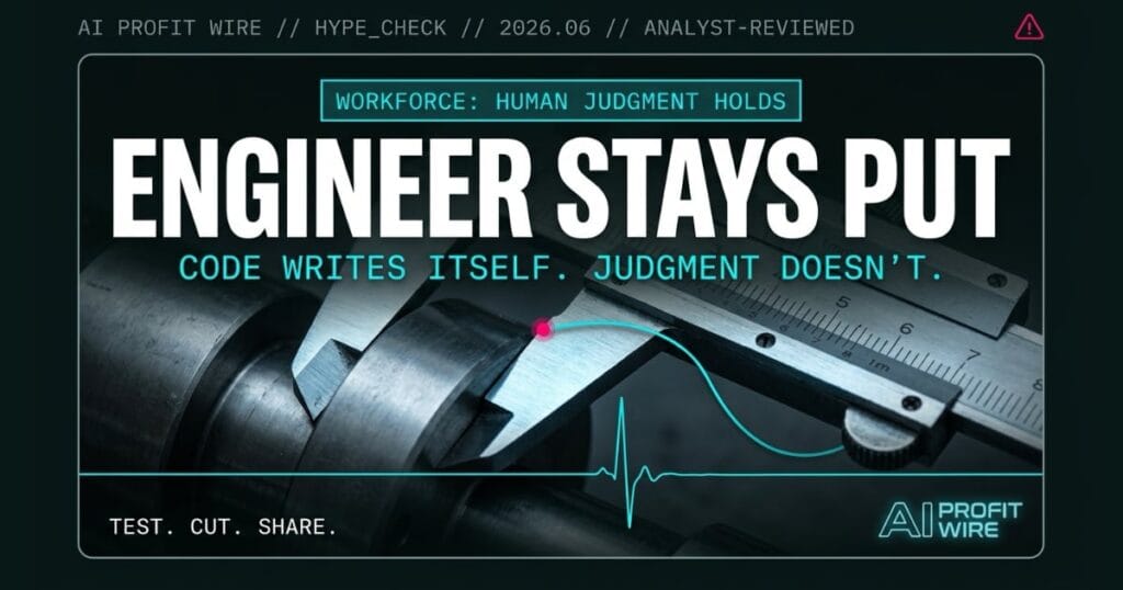 Beast Bold editorial cover for AI Profit Wire showing a precision caliper measuring a steel component as a metaphor for human judgment, with white headline ENGINEER STAYS PUT and cyan subtitle on deep teal-black, featuring image for the AI vs software engineers hype check signal scoring 7.5 out of 10.