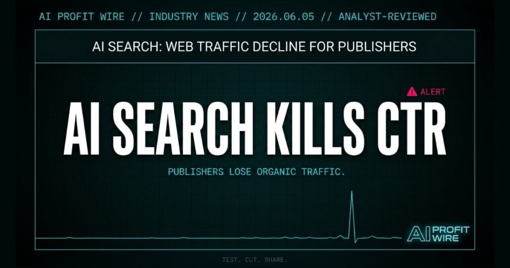 AI-powered search reducing web traffic industry news signal card from The AI Profit Wire showing organic CTR collapse for publishers in cyber-noir design