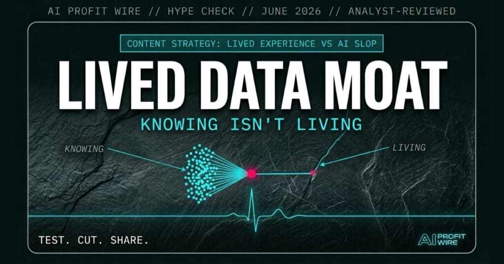 AI slop vs lived experience hype check signal card from The AI Profit Wire, authenticity as competitive moat in cyber-noir design