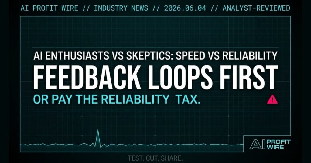 AI enthusiasts vs skeptics industry news signal card from The AI Profit Wire showing feedback loops requirement in cyber-noir design