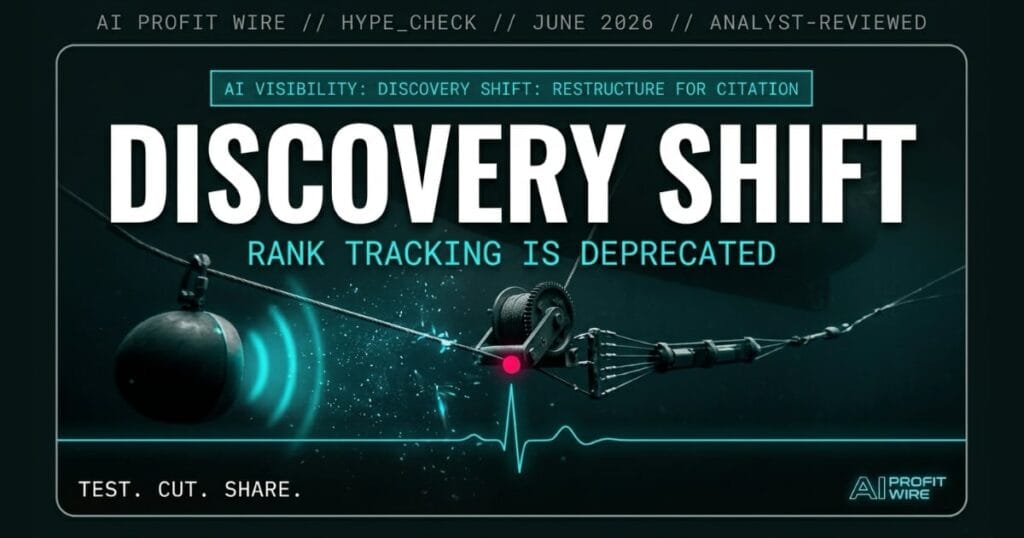AI visibility hype_check signal card from The AI Profit Wire showing rank tracking shifting to AI citation tracking with 4.4x conversion lift in cyber-noir design