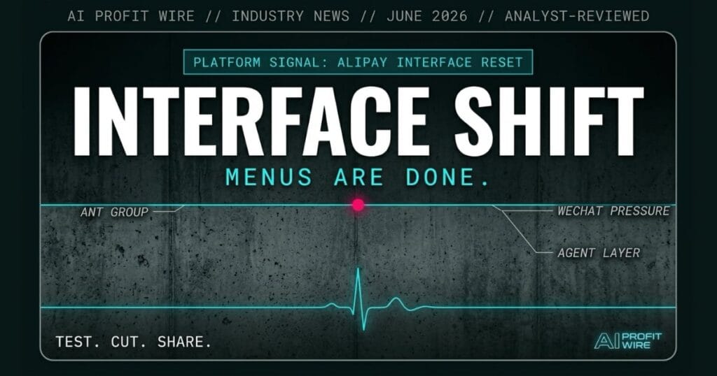 Ant Group Alipay AI agent interface overhaul signal, The AI Profit Wire, consumer platform shift industry news cyber-noir design