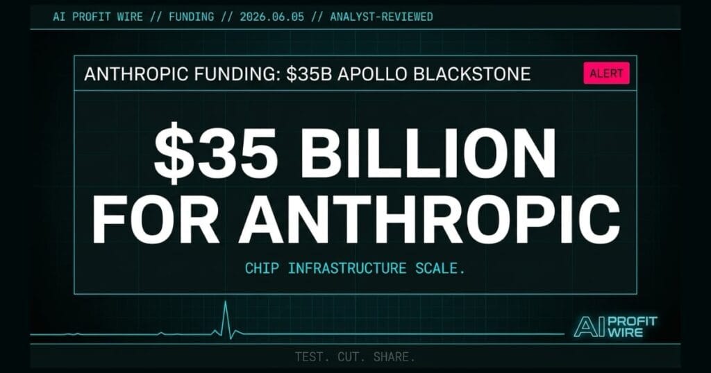 Anthropic $35 billion funding signal card from The AI Profit Wire showing Apollo Blackstone chip infrastructure investment in cyber-noir design
