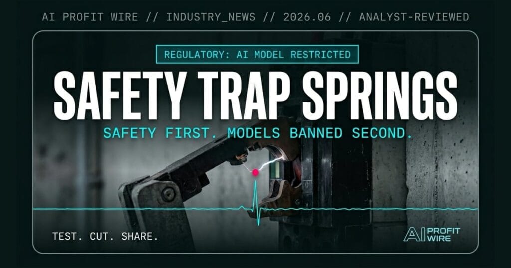 Beast Bold editorial cover for AI Profit Wire showing a heavy industrial circuit breaker tripping at its contact point as a metaphor for a model being cut off, with white headline SAFETY TRAP SPRINGS and cyan subtitle on deep teal-black, featuring image for the Anthropic government model restriction signal.
