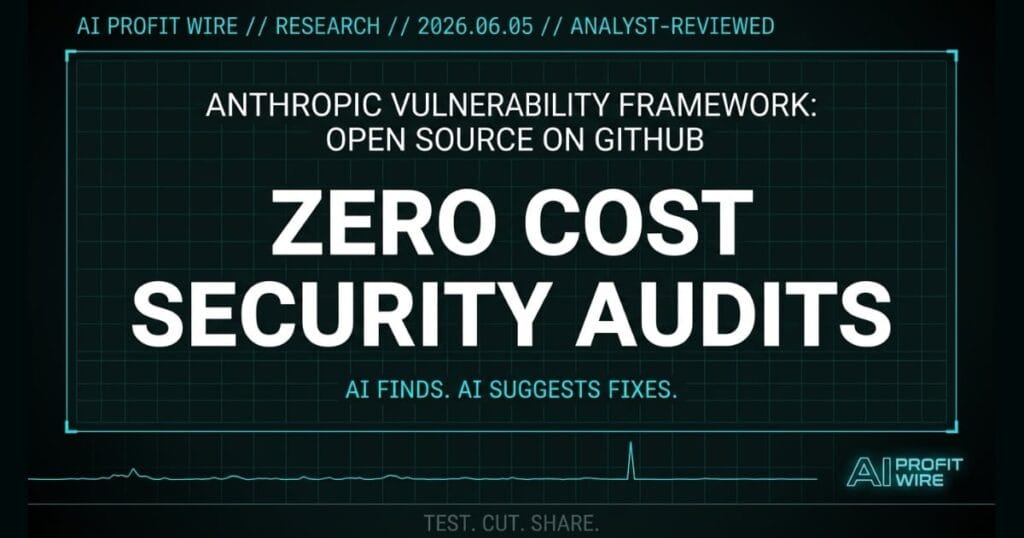 Anthropic vulnerability discovery framework research signal card from The AI Profit Wire showing zero cost security audits in cyber-noir design