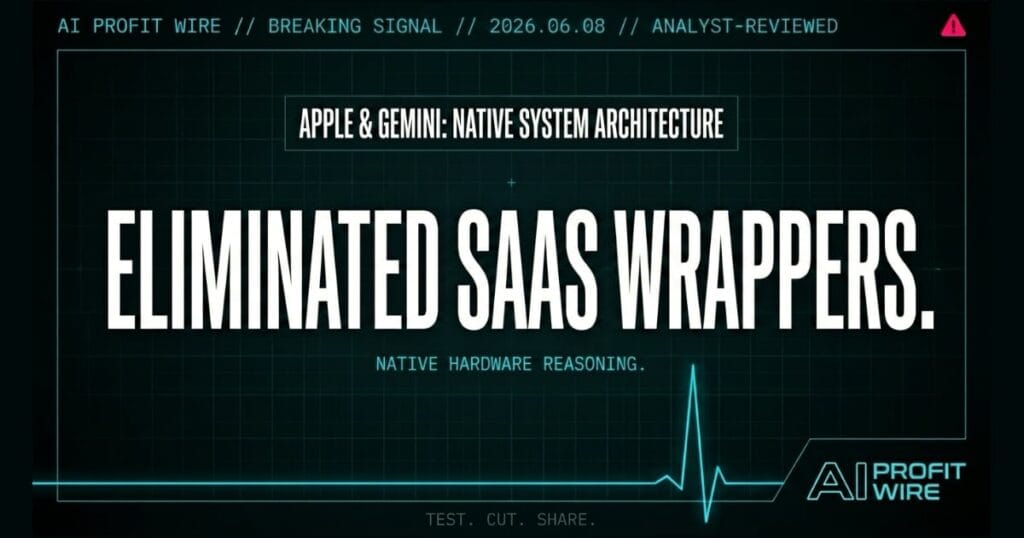 Apple Gemini integration breaking signal card from The AI Profit Wire showing native hardware reasoning in cyber-noir design