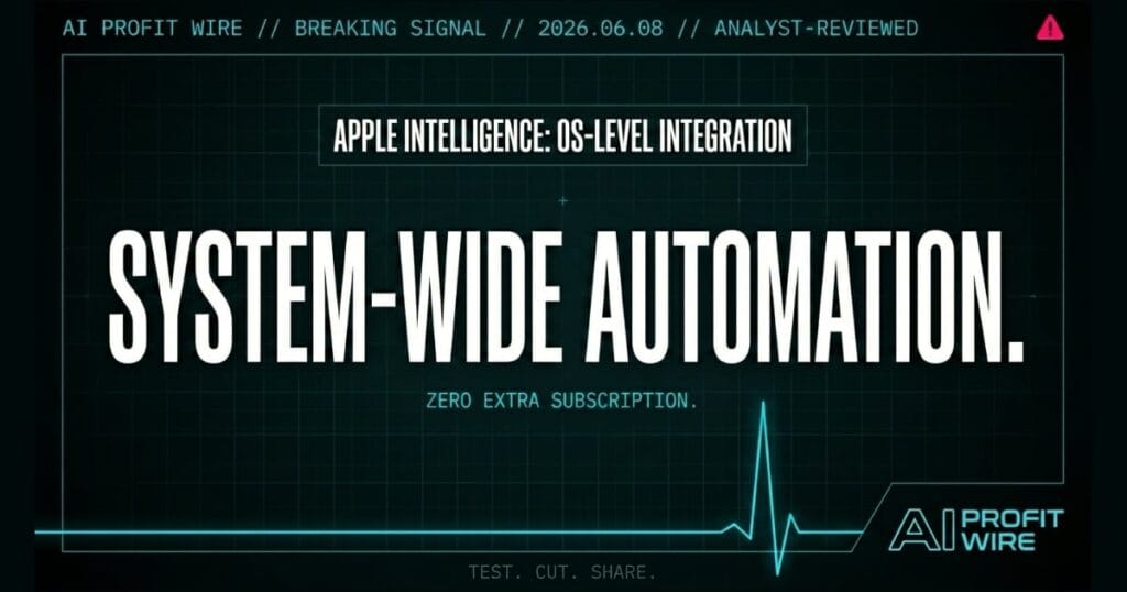 Apple Intelligence breaking signal card from The AI Profit Wire showing system-wide automation in cyber-noir design