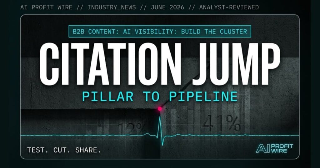 B2B content cluster blueprint industry_news signal card from The AI Profit Wire showing AI citation rates climbing from 12% to 41% in cyber-noir design