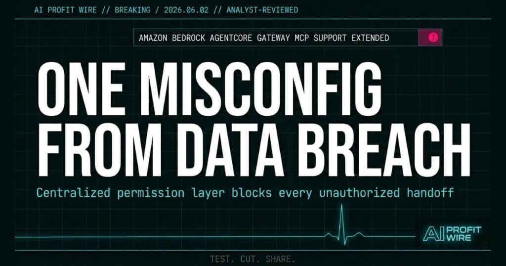 Amazon Bedrock AgentCore Gateway breaking signal card from The AI Profit Wire showing one misconfiguration from data breach risk in cyber-noir design