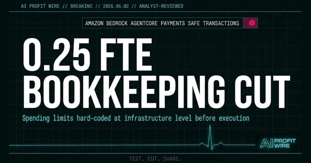 Amazon Bedrock AgentCore Payments breaking signal card from The AI Profit Wire showing 0.25 FTE bookkeeping reduction that protects margins in cyber-noir design