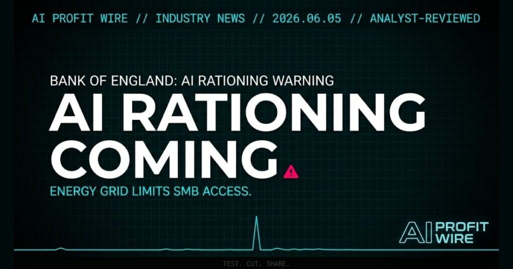 Bank of England AI rationing warning industry news signal card from The AI Profit Wire showing energy grid limits on SMB compute access in cyber-noir design