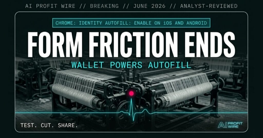 Chrome autofill breaking signal card from The AI Profit Wire showing passport and license autofill via Google Wallet on iOS and Android in cyber-noir design