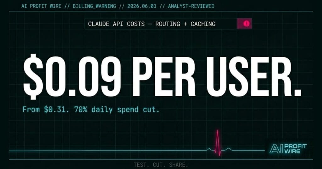 Claude API cost optimization signal card from The AI Profit Wire showing routing and prompt caching reduction from $0.31 to $0.09 per user in cyber-noir design