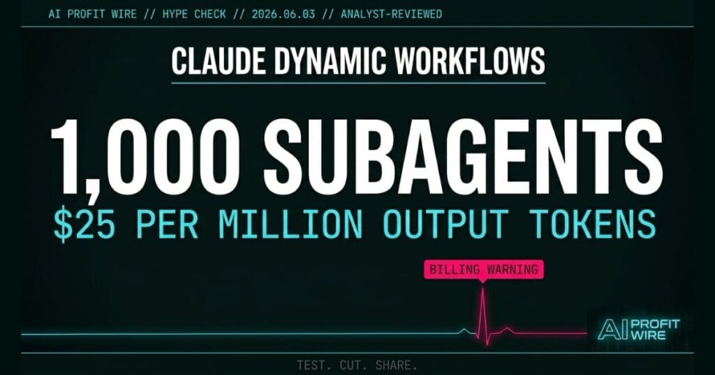 Claude Dynamic Workflows hype check signal card from The AI Profit Wire showing 1,000 subagent cap and billing warning in cyber-noir design