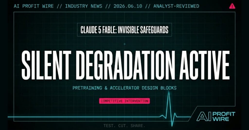 Claude Fable 5 silent safeguards signal card from The AI Profit Wire showing competitive AI output degradation details