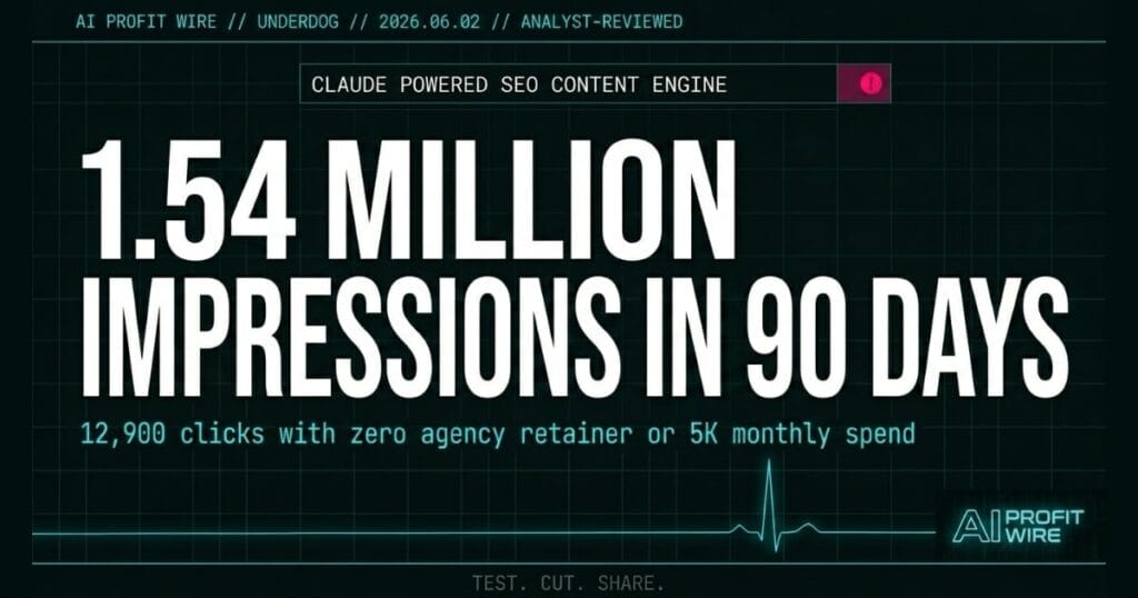 Claude SEO founder underdog signal card from The AI Profit Wire showing 1.54 million impressions in 90 days that beats agency retainers in cyber-noir design