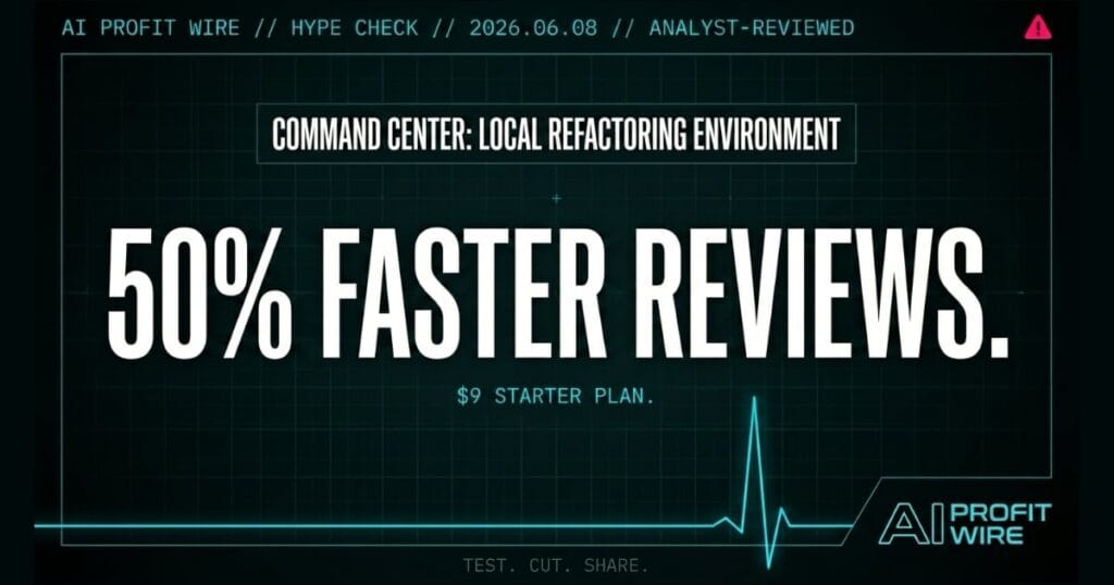 Command Center hype_check signal card from The AI Profit Wire showing 50% faster reviews in cyber-noir design