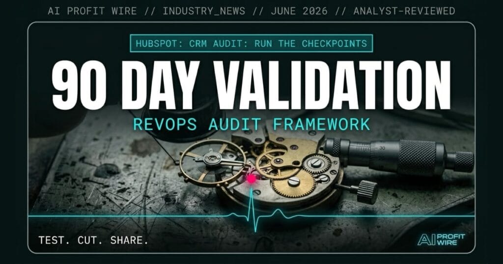 CRM 90 days RevOps framework industry_news signal card from The AI Profit Wire showing HubSpot audit checkpoints at days 30, 60, 75, 90 in cyber-noir design