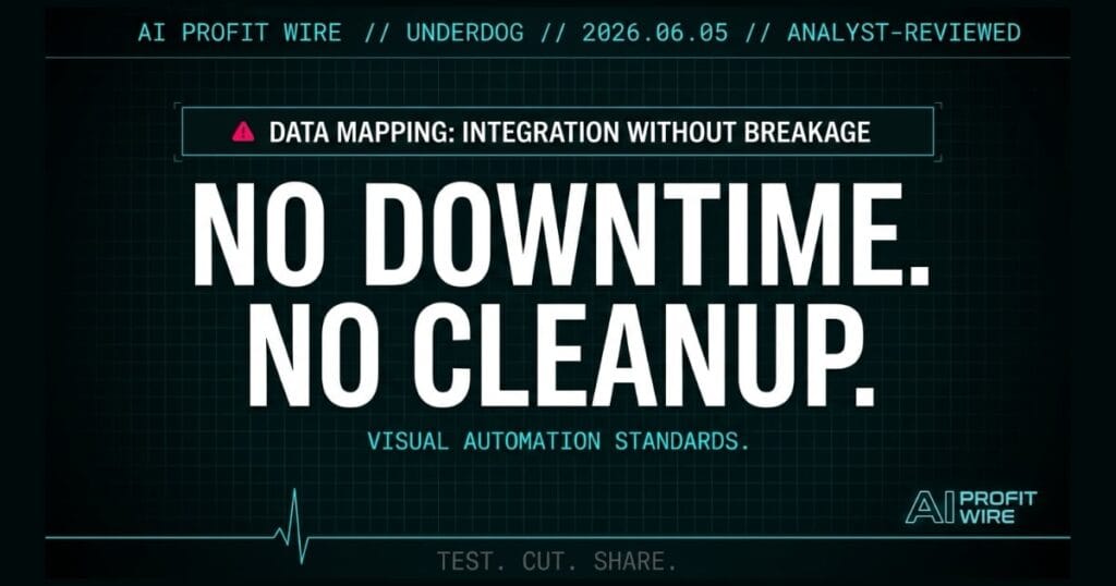 Data mapping best practices underdog signal card from The AI Profit Wire showing cross-system integration without breakage in cyber-noir design