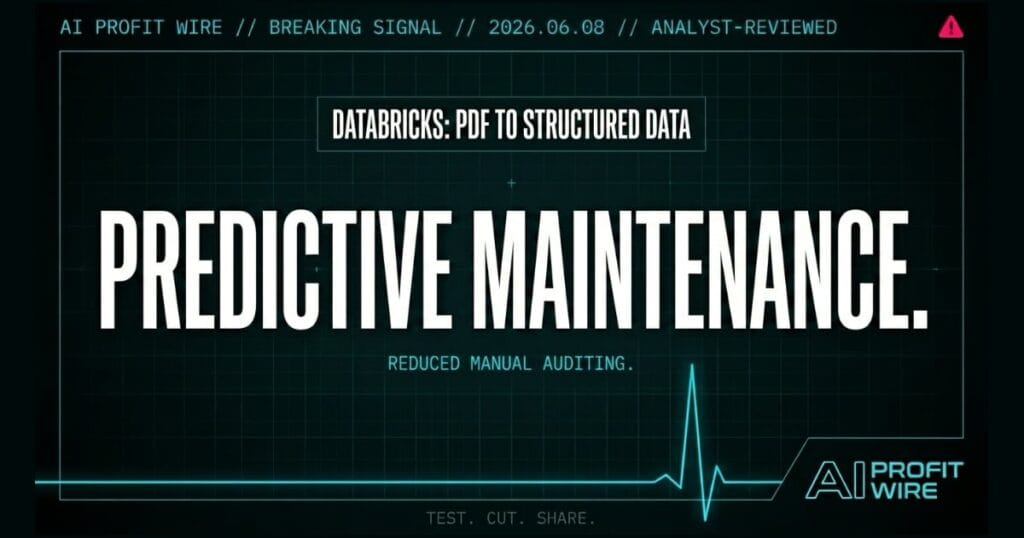 Databricks Genie breaking signal card from The AI Profit Wire showing predictive maintenance in cyber-noir design