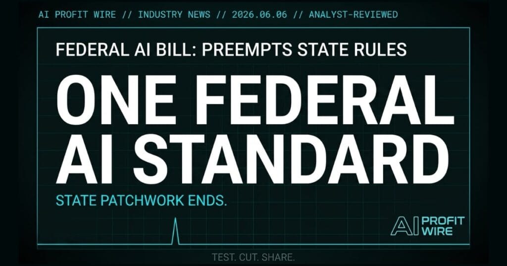 Federal AI bill preempting state rules industry news signal card from The AI Profit Wire showing single national standard reducing SMB compliance costs in cyber-noir design