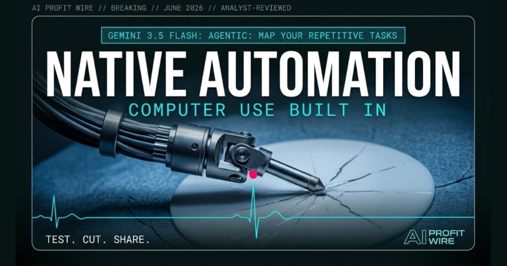 Gemini 3.5 Flash computer use breaking signal card from The AI Profit Wire showing native agentic automation with prompt injection safeguards in cyber-noir design