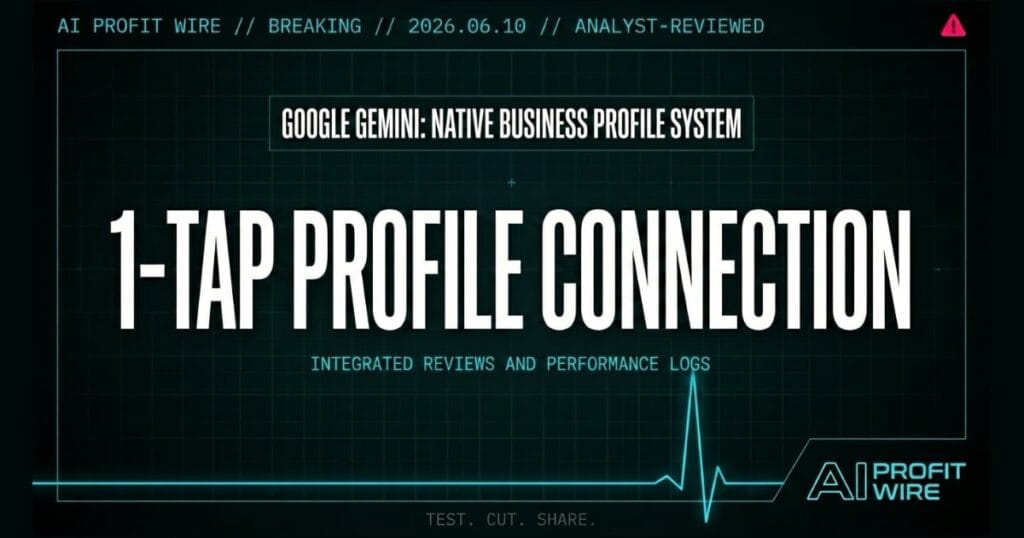 Google Gemini Business Profile integration signal card from The AI Profit Wire with clean cyber-noir terminal interface