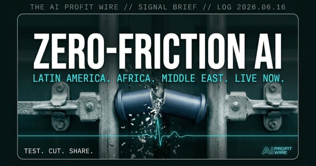 Gemini in Chrome breaking signal card from The AI Profit Wire, browser-native AI removes tool overlap in cyber-noir design