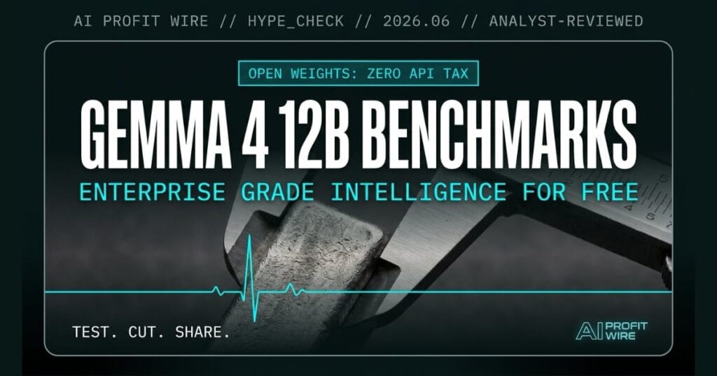 Gemma 4 12B hype check signal card from The AI Profit Wire, zero API cost open weights model in cyber-noir editorial design