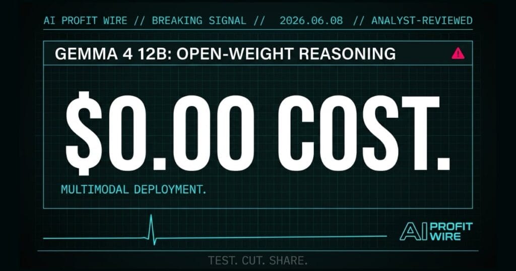 Gemma 4 12B breaking signal card from The AI Profit Wire showing $0.00 inference cost in cyber-noir design