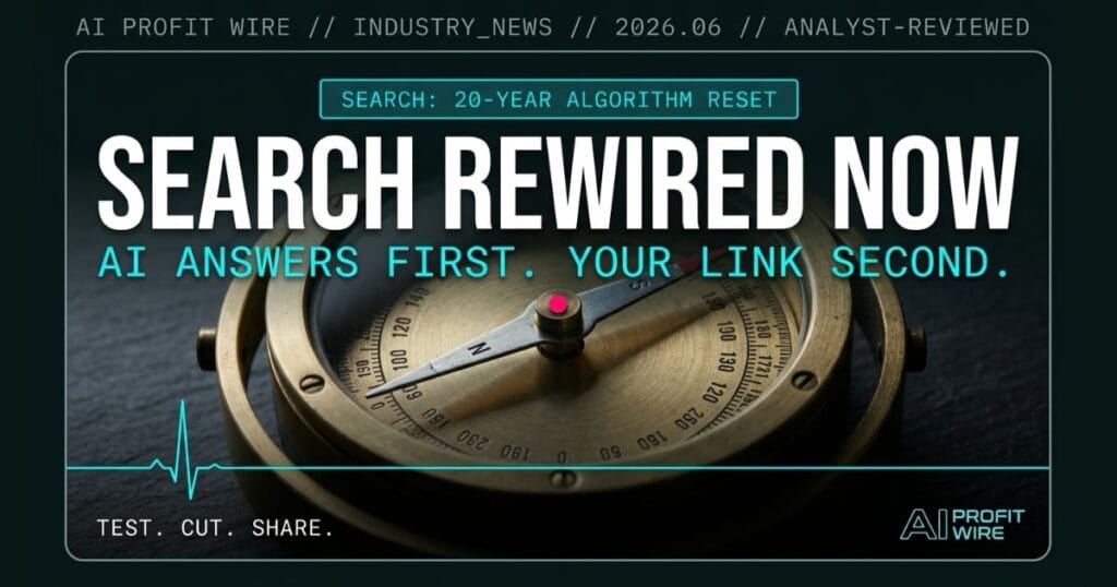 Beast Bold editorial cover for AI Profit Wire showing a heavy industrial compass needle slamming to a new bearing as a metaphor for a 20-year directional reset, with white headline SEARCH REWIRED NOW and cyan subtitle on deep teal-black, featuring image for the Google AI search overhaul SEO impact signal.