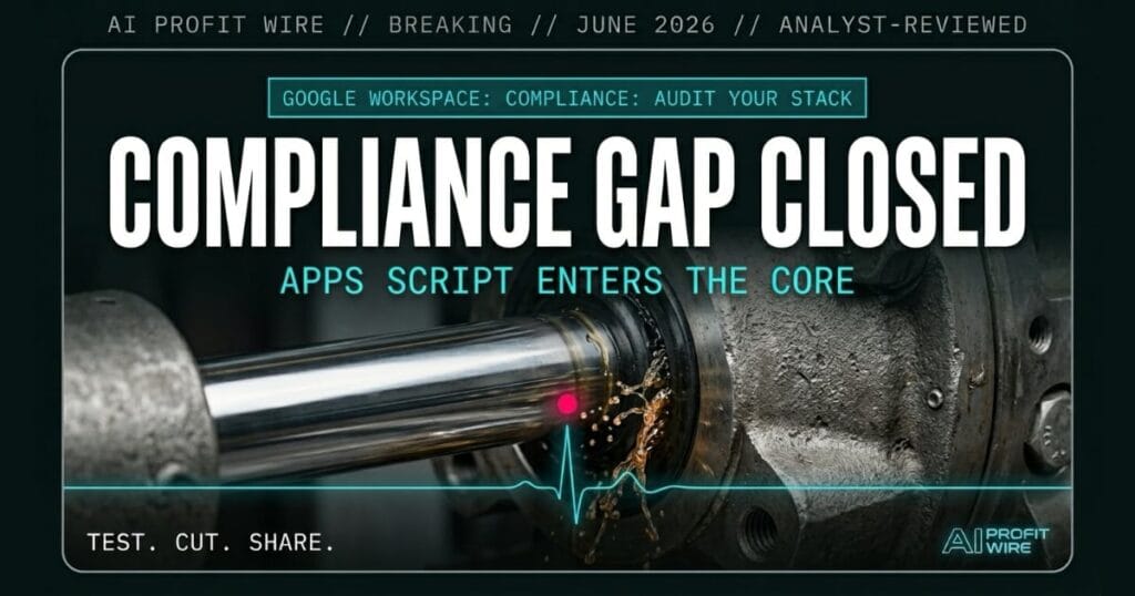 Google Apps Script breaking signal card from The AI Profit Wire showing core Workspace service upgrade with enterprise-grade data protection in cyber-noir editorial design