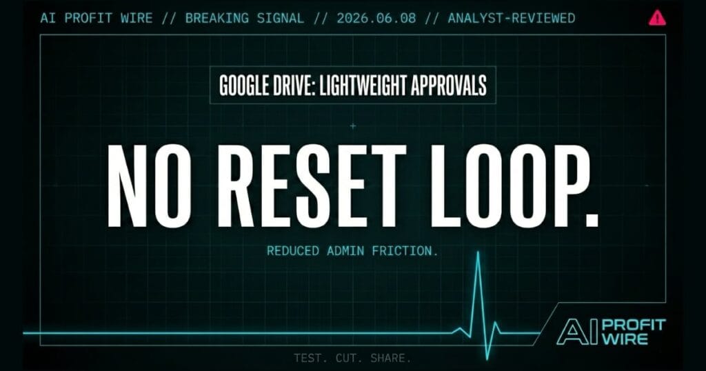 Google Drive breaking signal card from The AI Profit Wire showing reduced admin friction in cyber-noir design