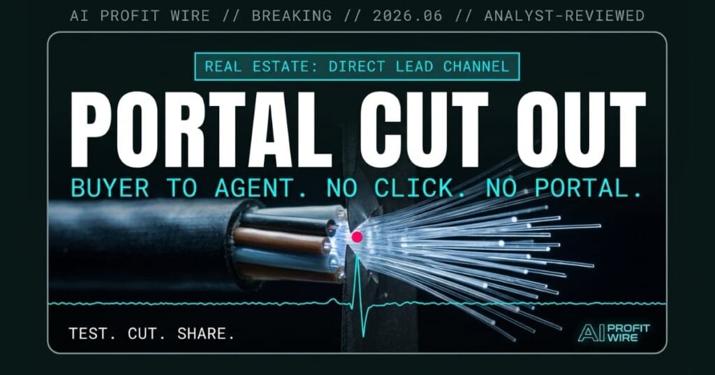 Beast Bold editorial cover for AI Profit Wire showing a fiber optic cable cleave as a metaphor for portal bypass, with white headline PORTAL CUT OUT and cyan subtitle on deep teal-black, featuring image for the Google Enhanced Local Services Ads signal.
