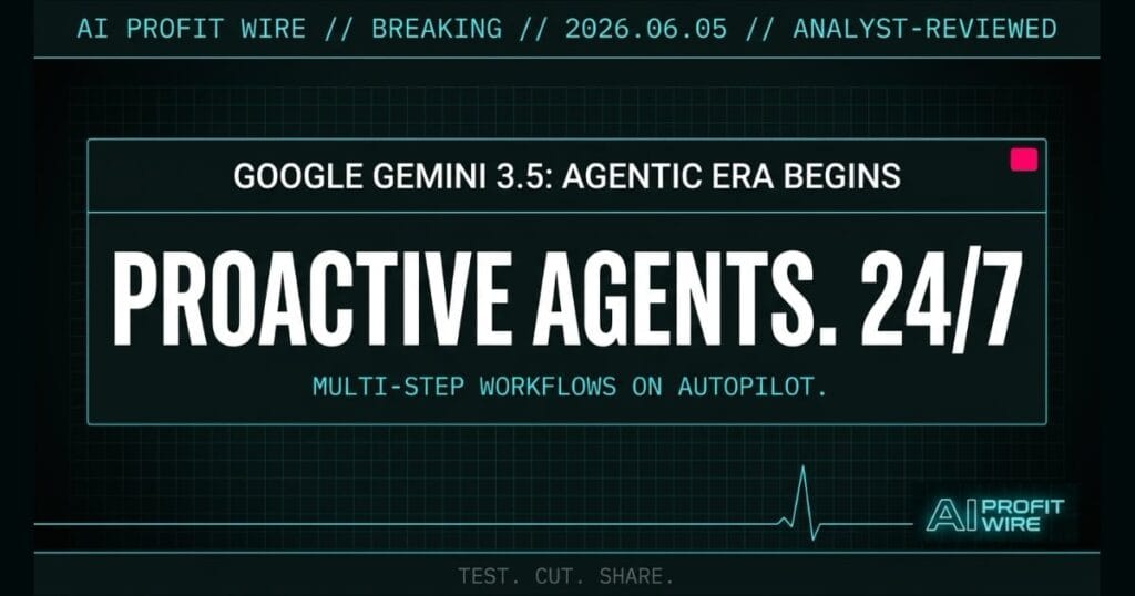 Google Gemini 3.5 agentic updates breaking signal card from The AI Profit Wire showing proactive multi-step workflows in cyber-noir design