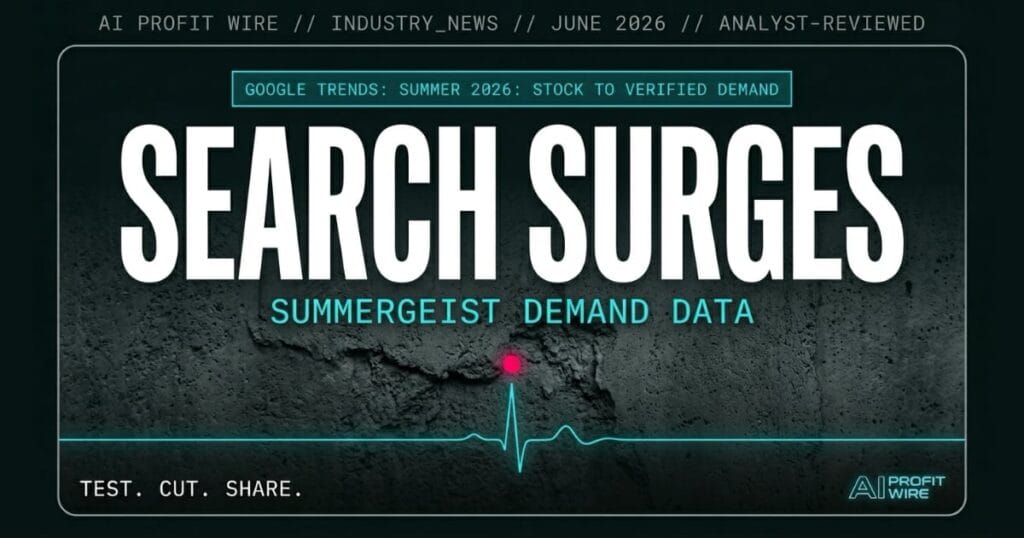 Google Summergeist 2026 industry_news signal card from The AI Profit Wire showing hugo spritz +2,200% search spike and summer demand trends in cyber-noir design