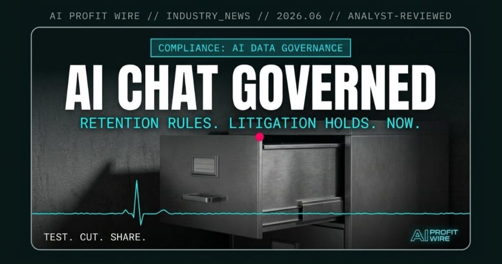 Beast Bold editorial cover for AI Profit Wire showing a heavy industrial archival drawer being sealed as a metaphor for data governance, with white headline AI CHAT GOVERNED and cyan subtitle on deep teal-black, featuring image for the Google Vault Gemini compliance signal.