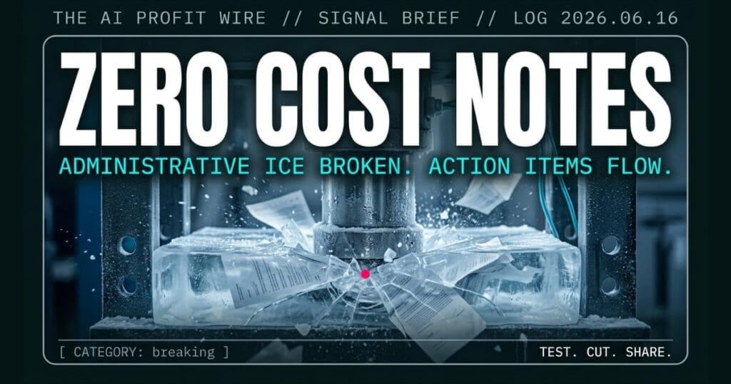 Google Voice breaking signal card from The AI Profit Wire, AI note-taking automation in cyber-noir editorial design