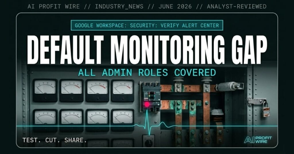 Google Workspace admin password reset alerts industry_news signal card from The AI Profit Wire showing expanded Alert Center coverage for all admin roles in cyber-noir design
