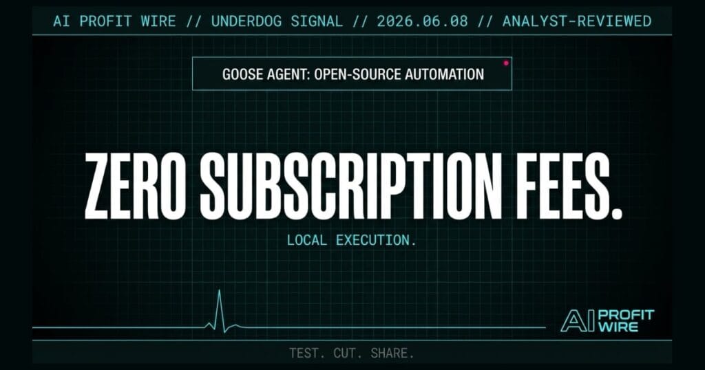 Goose Agent underdog signal card from The AI Profit Wire showing zero subscription fees in cyber-noir design