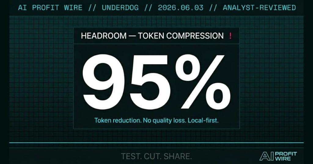 Headroom token compression signal card from The AI Profit Wire showing up to 95% token reduction for AI agents in cyber-noir design